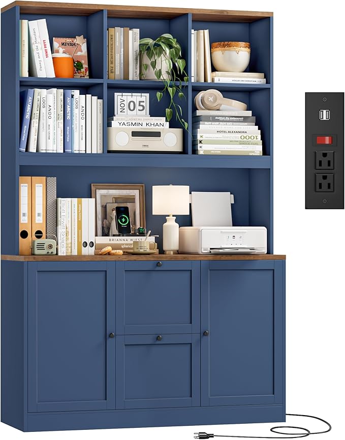 HIFIT 72'' Tall File Bookcase with Power Outlet & Printer Stand, 2 Drawer Filing Cabinets for Home Office Fit Hanging A4/Letter File, Storage Cabinet w/ 3 Tier Book Shelf & Doors for Living Room, Blue