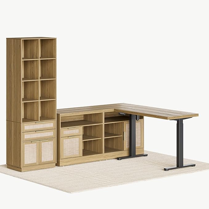 Home Office Furniture Set, 48'' Standing Desk with 73'' Bookshelf, Electric Height Adjustable Desk with 2 File Cabinet, Bookcase with Doors, Rattan Office Furniture Sets, Natural Oak