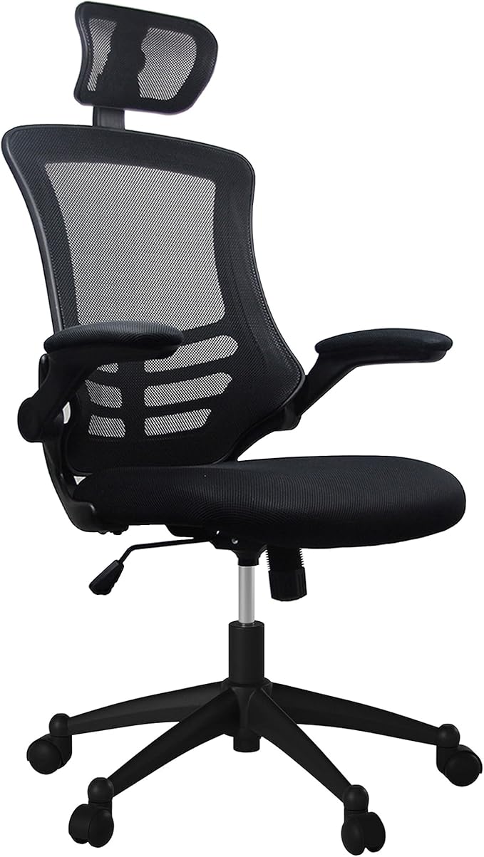 Techni Mobili Modern Ergonomic High-Back Office Chair, Executive Mesh Home Office Chair with Adjustable Headrest & Flip Up Arms, Black , 49.5" x 26.37" x 26.37"