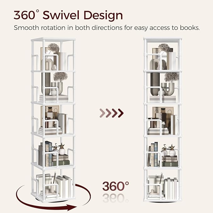 MAHANCRIS 5-Tier Rotating Bookshelf, Freestanding Corner Bookshelf, 360° Spinning Bookcase, Industrial Style Storage Rack with Rails, for Living Room, Bedroom, Study, White BKWT1601