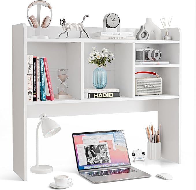 Nova Microdermabrasion Wooden Desktop Bookshelf with 6 Shelves–3-Tier Desk Organizer Hutch for Computer Desk, Home or Office (White)
