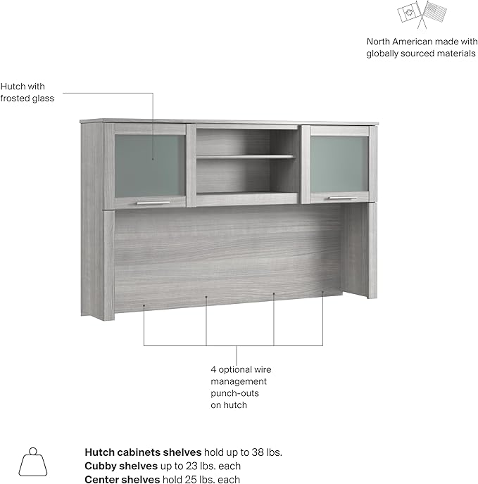 Bush Home 60-Inch Desk Hutch, Office Storage Organizer with Shelves, Cubbies and Frosted Glass Doors for Computer Desk, Home Office Furniture, Somerset Collection, Platinum Gray