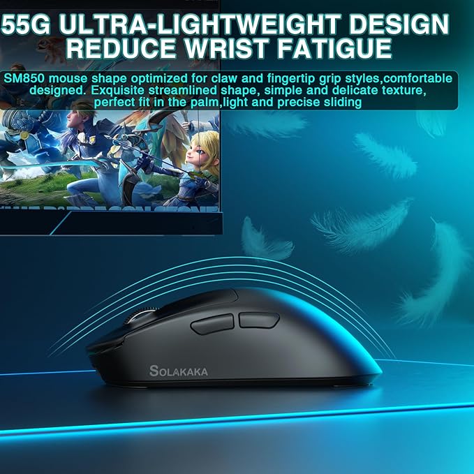 SOLAKAKA SM850 Gaming Mouse Wireless, 24000 DPI, 55g Lightweight Mouse Gaming, 6 Programmable Buttons, Ergonomic Computer Mouse, Tri-Mode BT5.1/2.4G/USB-C 250h Battery Life PC Gamer Mice for Laptop