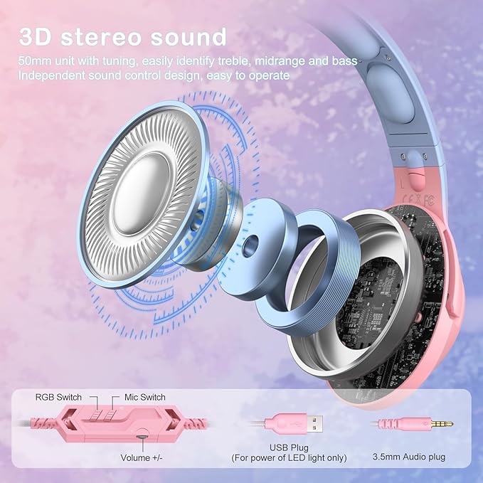 PHNIXGAM Gaming Headset for PS4, PS5, Cat Ear Headphones with Retractable Microphone, RGB Backlight, Surround Sound for PC, Mobile Phone, Gradient Pink Blue