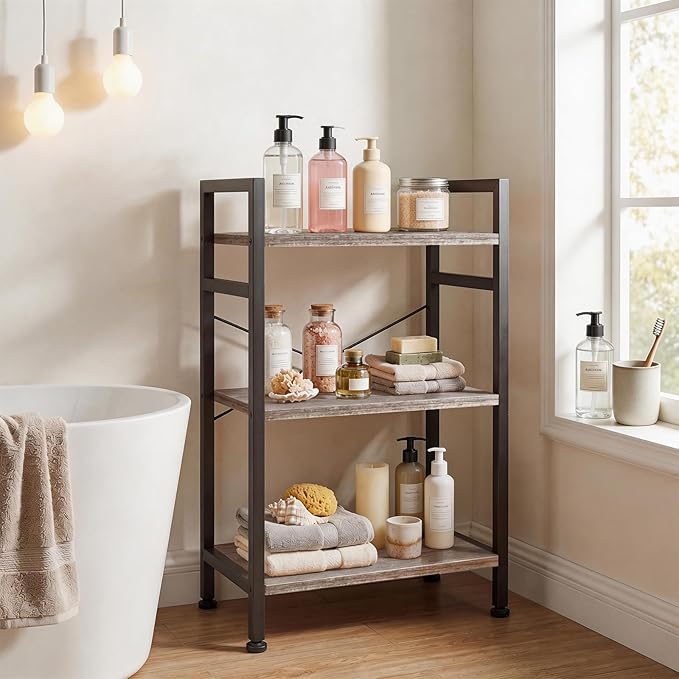 3 Tier Bookshelf, Free Standing Wooden Bookcase with Open Storage Shelves with Metal Frame, Sturdy Shelf Organization Display Rack for Living Room, Bedroom, Home Office, 27.6" Tall, Grey