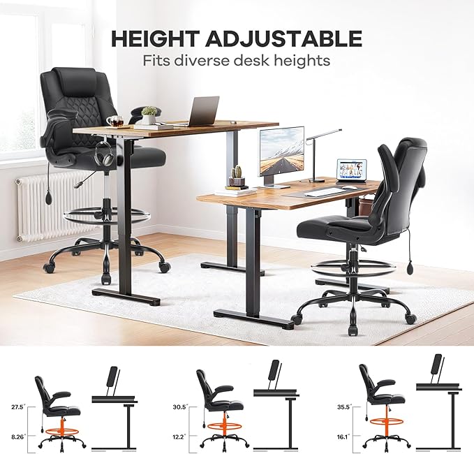 Leather Drafting Chair, Tall Office Chair for Standing Desk, High Executive Office Chair with Inflatable Lumbar Support,Adjustable Height,Flip-up Armres and Foot Ring Studio Chair Black
