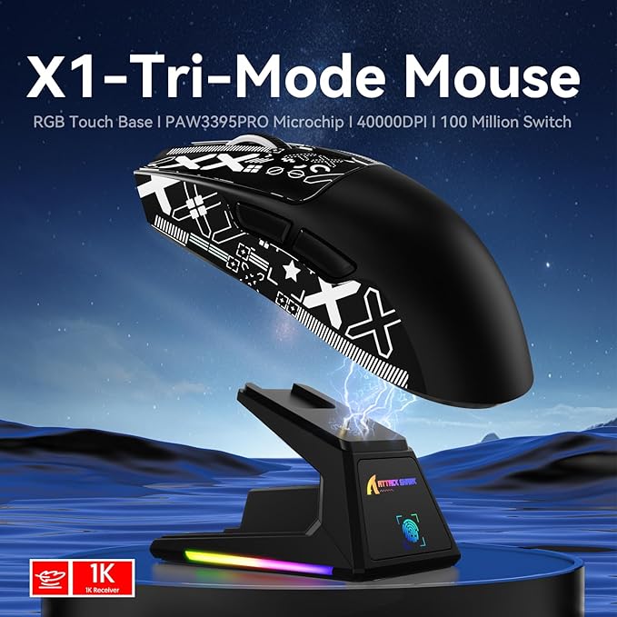 X1 Superlight Wireless Gaming Mouse with RGB Magnetic Charging Dock, BT/2.4G Wireless/Wired Gaming Mouse, PAW3395PRO Gaming Sensor, 40000DPI, Tape, 53g Office Mice for PC/Mac/Win/Xbox (Black)