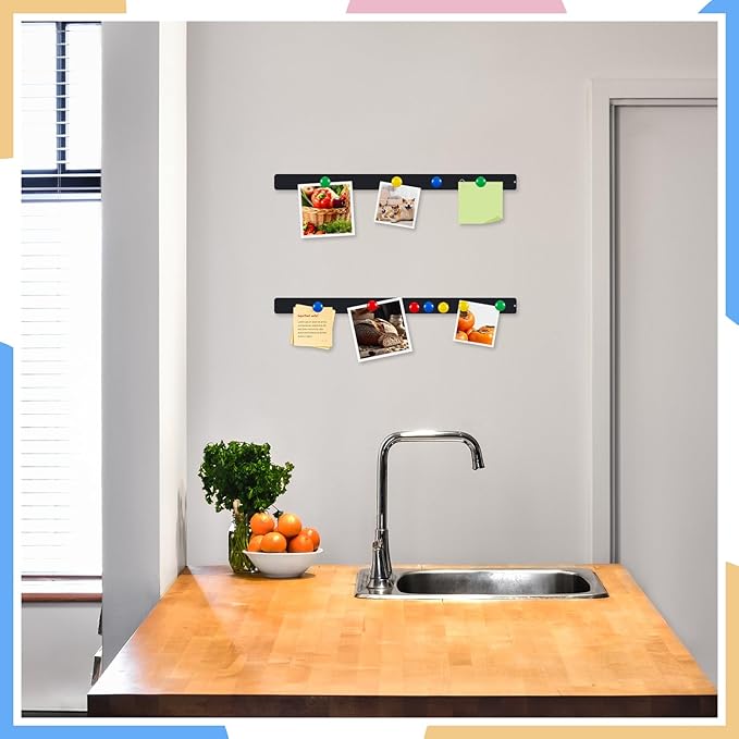 Mooliwe 6 Pieces 36 Inch Frameless Magnetic Stainless Iron Board Strips Bulletin Bar Magnetic Wall Board Memo Strip Set with 48 Pieces Colorful Magnets for School Office Home (Black)