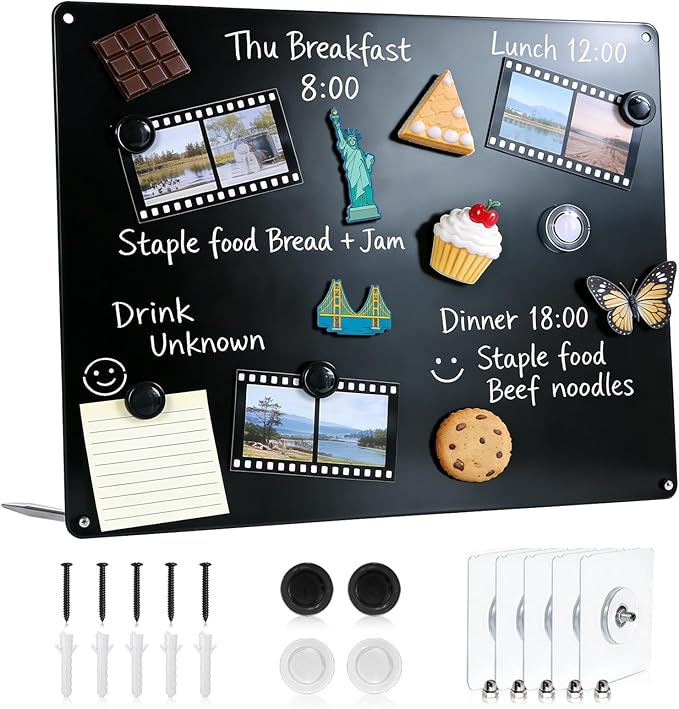 Black Magnetic Bulletin Board to Display Magnetic Notes 3 Installation Methods Multi-Purpose Display Board for Souvenir Magnets Fridge Stickers Photos Spice Jars Desktop Board for Home Kitchen Office