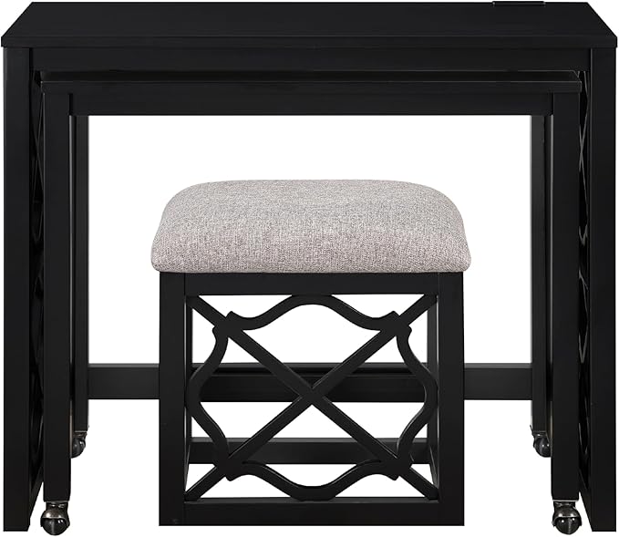 Benzara Syna 3 Piece Nesting Desk and Stool Set, Black Wood, Gray Polyester