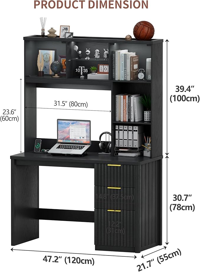 Lvifur LED Study Desk - with Hutch & Storage Cabinet, 47" Computer Desks with Outlet and 3 Color LED, Writing Desk, Home Office Desk for Studyroom, Ideal for Office Set, Black