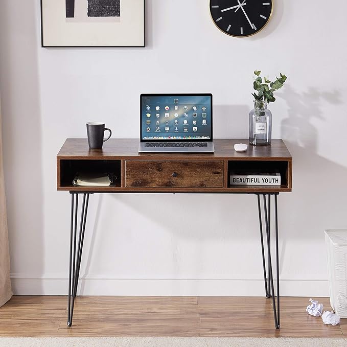 VECELO 39.3" Home Office Work Table with Drawers,Computer Desk with Hairpin Leg for Writing/Study,Retro Brown