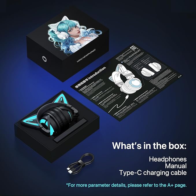 YOWU Cat Ear Headphones, Cute Cat Ear Gaming Headsets with Bluetooth 5.2 for PC/PE/Switch/PS4/PS5, Built-in Mic & Customizable RGB Light Effect for Anime Lovers(CE Black)