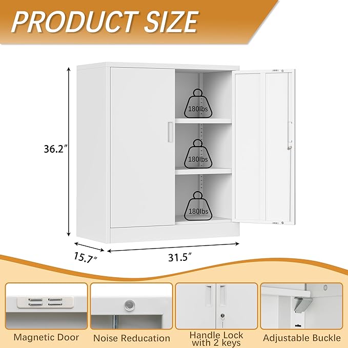 Metal Storage Cabinet, 36" H Locking Storage Cabinet, Metal Cabinets with Doors and 2 Adjustable Shelves for Home, School, Office, Garage, White