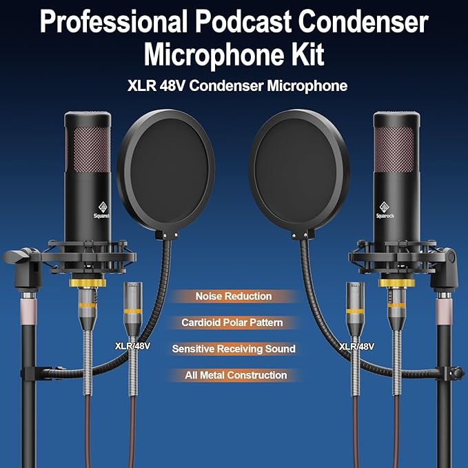 Podcast Equipment Bundle for 2 with Dual 48V XLR Condenser Micophones with Mic Pop Filters Audio Equipment for Live Streaming/Recording, Online Gaming for Phone/Laptop/PC Audio Interface M100