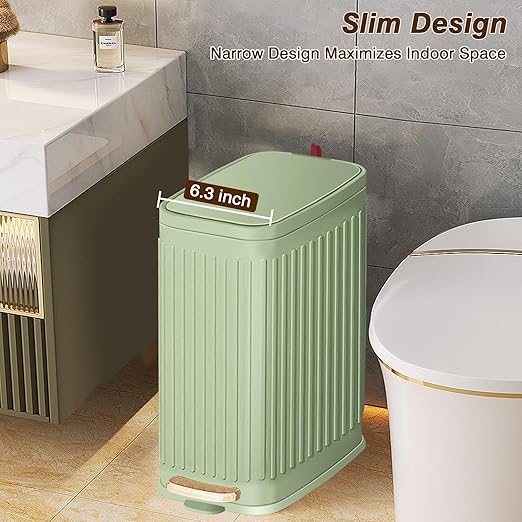 Slim Trash Can for Bathroom with Air Freshener Soft Close Lid, 6 Liter/ 1.6 Gallon Stainless Steel Garbage Can with Removable Inner Bucket,Step Pedal, Small Wastebasket for Bedroom, Kitchen (GREEN)