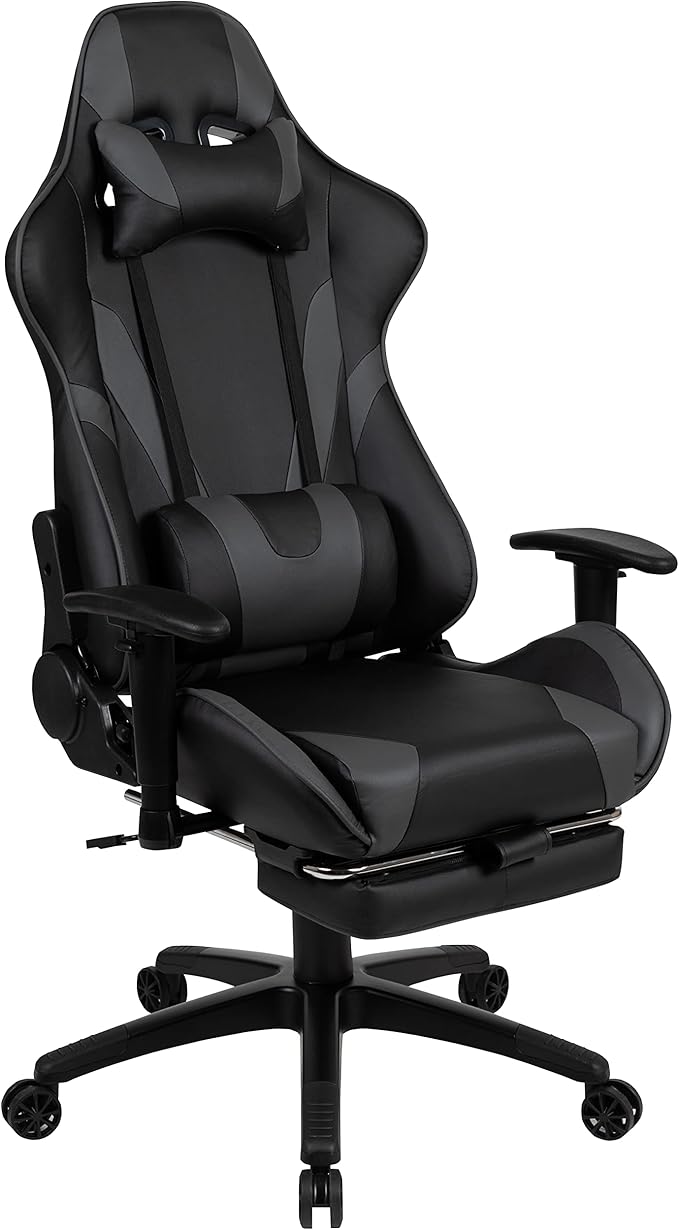 Flash Furniture Optis Black Gaming Desk and Gray Footrest Reclining Gaming Chair Set with Cup Holder, Headphone Hook & 2 Wire Management Holes