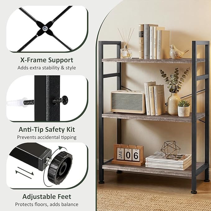 3 Tier Bookshelf, Free Standing Wooden Bookcase with Open Storage Shelves with Metal Frame, Sturdy Shelf Organization Display Rack for Living Room, Bedroom, Home Office, 27.6" Tall, Grey