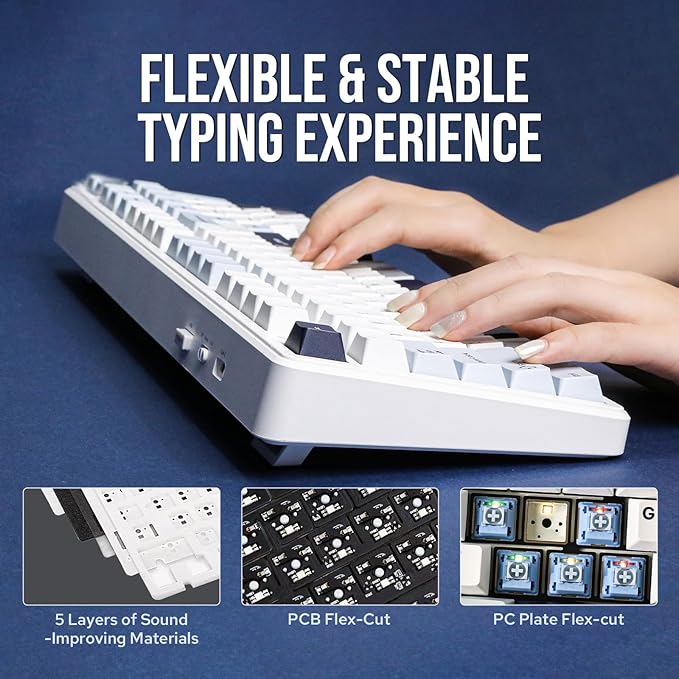 EPOMAKER x Aula F99 Wireless Mechanical Keyboard, Hot Swappable Gasket Custom Gaming Keyboard with Five-Layer Padding, BT/2.4GHz/USB-C, 8000mAh Battery (White Blue, Graywood V3 Switch)