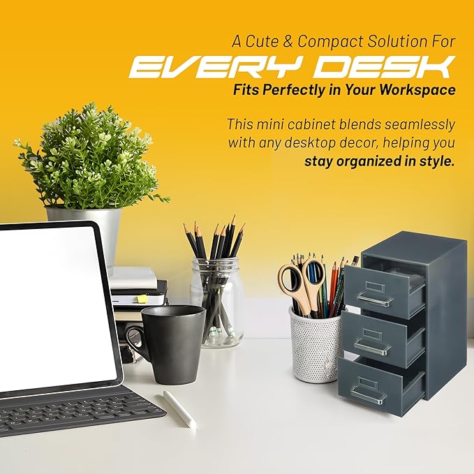 Desktop Mini Filing Cabinet | Business Card Organizer & Storage | Desktop Organizer | 3 Drawers | Gray | 8.75H x 4.5W x 5D inches (Pencil Case Not Included, For Size Reference Only)