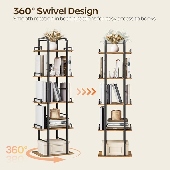 YATINEY 5 Tier Rotating Bookshelf, Freestanding Corner Bookshelf, 360 Spinning Bookcase Tower, Tall Industrial Style Organizer, Storage Shelf Bookcase for Living Room, Study, Rustic Brown SJ02BR
