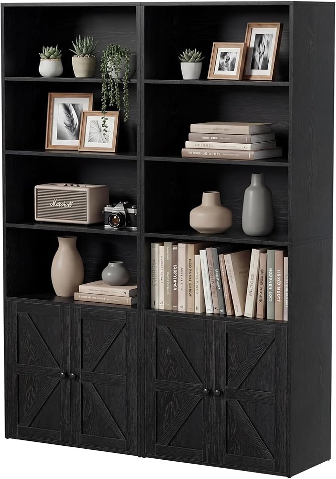 YESHOMY Farmhouse Bookshelf and Bookcase with Doors, Industrial Bookshelves and Bookcases Floor Standing Display 6-Tier Shelf Storage Shelves 71.5 inchs for Home Office, Living Room, Black, 2 PCS