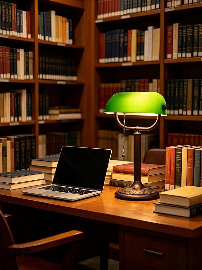 Newrays 1-Minute Quick-Change Shade Antique Green Glass Bankers Desk Lamp for Study, Office, Library,LED Bulb Included