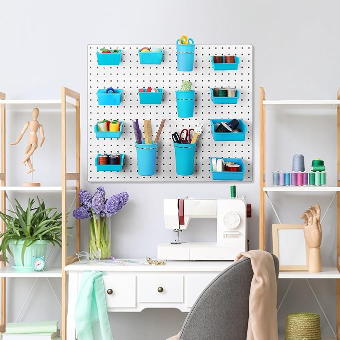 Roowest 60 Pcs Pegboard Cups Pegboard Bins Set, Wall Organizer with Hooks and Loops, Hooks Assortment Organizer Accessory for Office Storage Garage Craft Workshop(Blue)