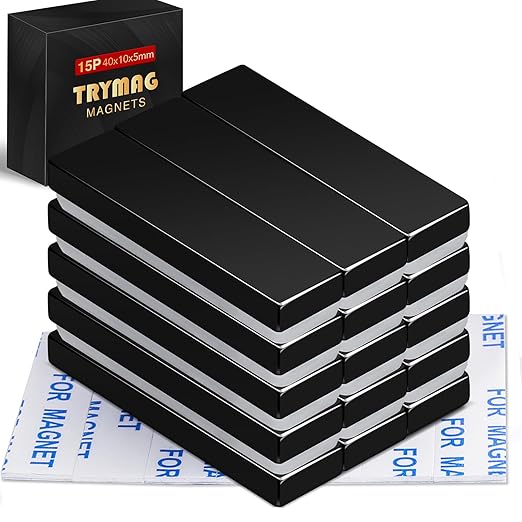 TRYMAG Strong Neodymium Magnets with Double-Sided Adhesive, 15 Pack Heavy Duty Strong Rare Earth Magnets Bars for Crafts, Fridge, Garage, Kitchen, Science, Office - 40x10x5mm