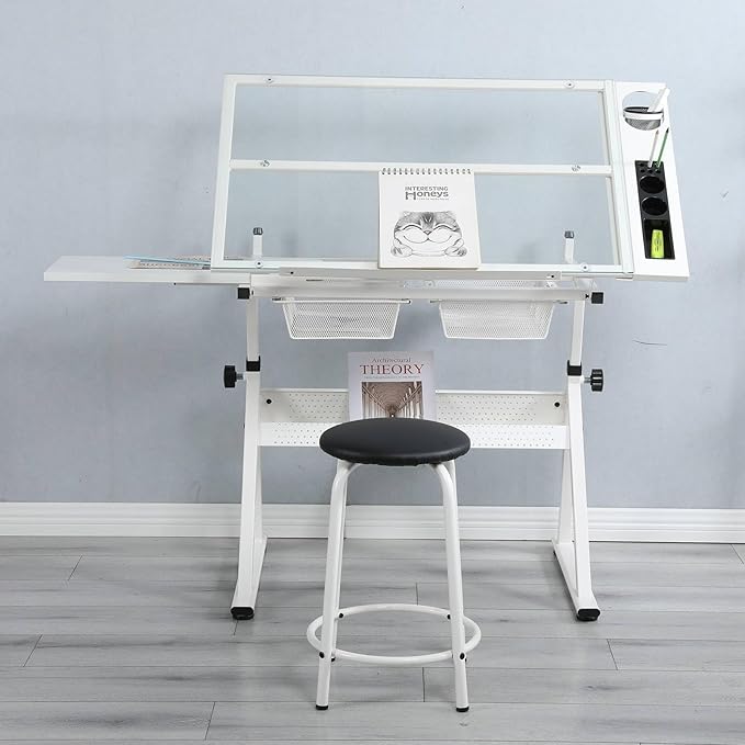Drafting Table with Stool, Modern Adjustable Tempered Glass Printing Artwork Desk for Art Studio Home Office School