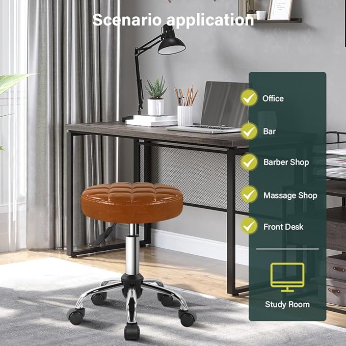 BFTOU Classic Swivel Stool with Wheel for Salon Work Home SPA Shop Height-Adjustable and Cost-Effective Rolling Stool Chair Small (Brown)