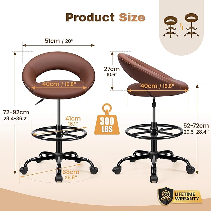 BESTFAIR Drafting Chair with Back, Height Adjustable Rolling Stool with Foot Rest, Tall 360° Swivel Stool PU Leather Chair with Wheels for Home Office, Standing Desk, Brown 4 Pack