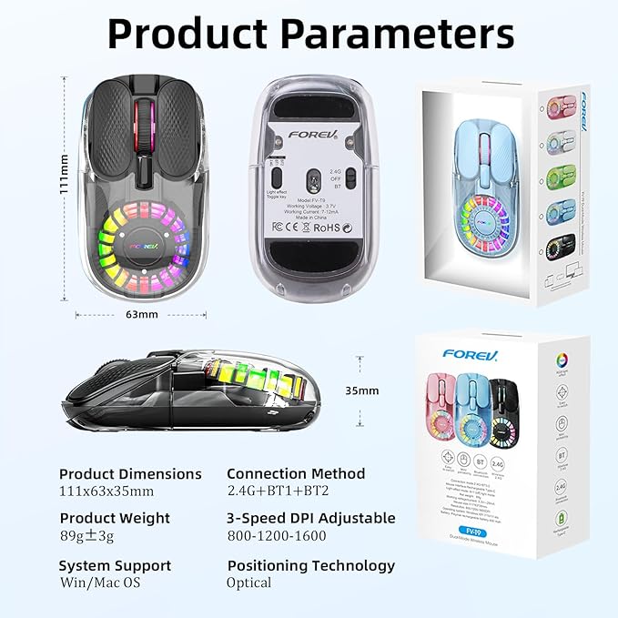 Wireless Bluetooth Mouse, Transparent BT+2.4G Dual-Mode Gaming Mouse with Magnetic Top Cover, Rechargeable RGB Backlit Computer Mouse for Laptop, PC, MacBook, iPad (Black)