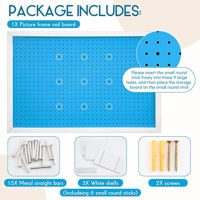 Weysat 36 x 24 Inch Decorative Wood Pegboard Wall Organizer with Frame Large Display Board Kit with 3 Shelves 18 Nails Aesthetic Board Wall Organizer Craft for Room, Office, Sewing (Blue)