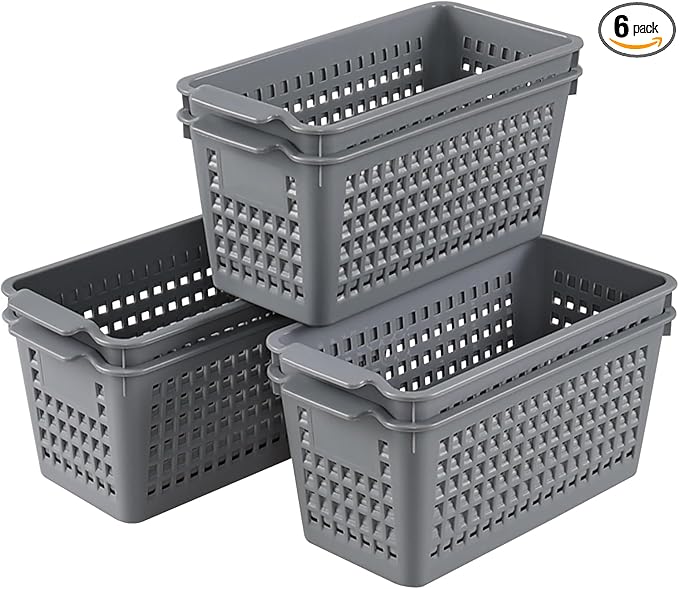 6 Pack Tall Slim Plastic Storage Baskets, Small Basket Organizer for Drawer, Office, Desktop, Gray