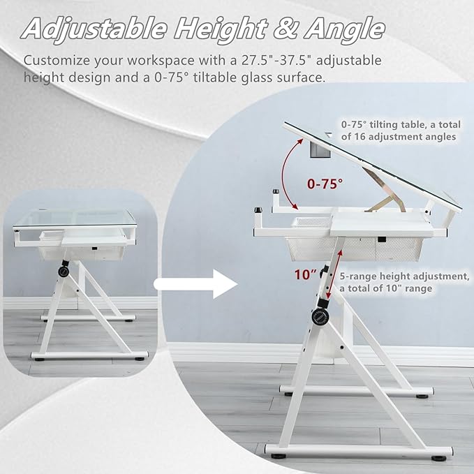 Drafting Table, 0-75° Tilting Glass Tabletop Drawing Table with Stool - Adjustable Height Art Desk with Multi-Storage for Sketching and Painting - Perfect for Artists and Hobbyists, White