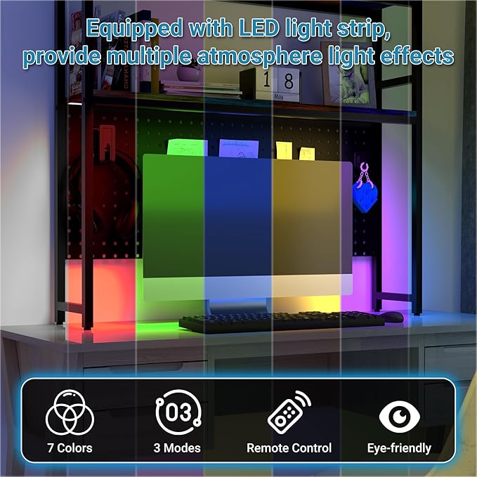 2 Tier Desktop Hutch Bookshelf with LED Light Strip, 39.4" Metal Dorm Desk Hutch with Pegboard Hooks Set, Display Desk Shelf Bookcase Storage Organizer Rack for Dorm Home Office