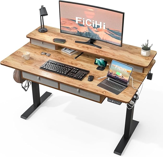 FiCiHi Adjustable Height Standing Desk with 4 Drawers,48 x 30 inches Electric Sit Stand Home Office Desk with Two Tiers, 3 Memory Presets, Monitor Stand Riser, USB A/C Charging Port