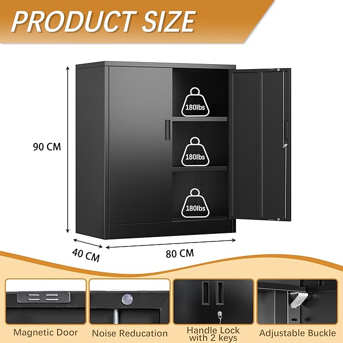 Metal Storage Cabinet, 36" H Locking Storage Cabinet, Metal Cabinets with Doors and 2 Adjustable Shelves for Home, School, Office, Garage, Black