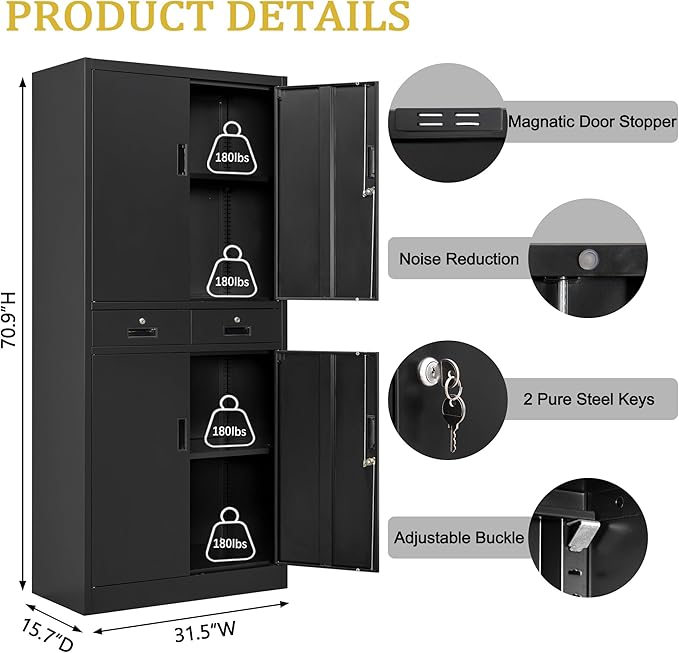 71" H Tall Metal Storage Cabinet with 2 Drawers, Metal Garage Storage Cabinet with Lock and 2 Adjustable Shelves for Home, Office, Garage, Warehouse Organize, Black