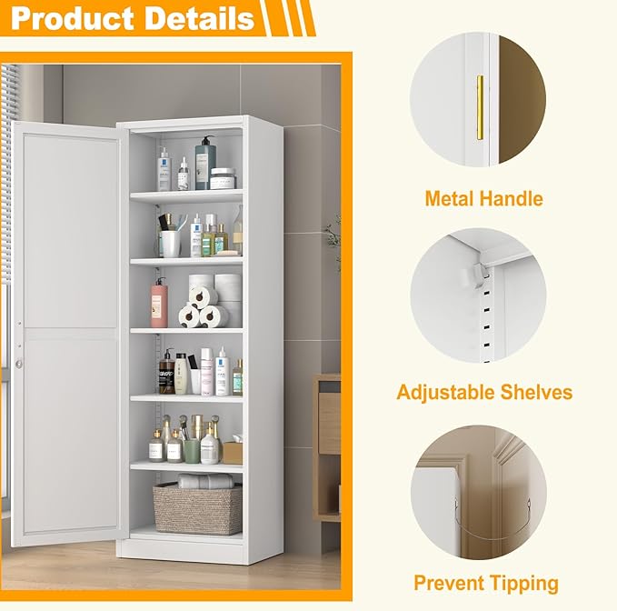 Ckzbx Metal Locker Tall Narrow Storage Cabinet, 67" H Locking Tool File Cabinets Snack Locker Organizer for School Classroom,Bedroom,Gym Home Office,Entryway and Hallway (20" W 1Door White)