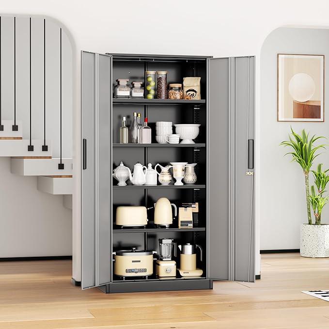 INTERGREAT Metal Lockable Storage Cabinet, 72” Storage Cabinet with 2 Doors and 4 Adjustable Shelves for Office, Home, Garage, Pantry (Assembly Required, Black Gray)