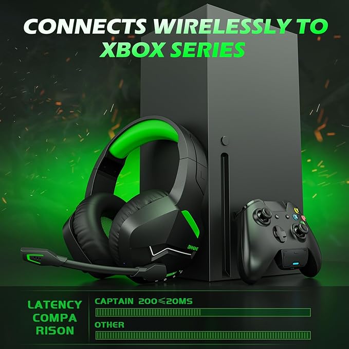 BINNUNE Wireless Gaming Headset for Xbox Series X/S, Xbox One, PS5, 120H Ultra-Long Battery, Bluetooth 5.3 Gaming Headphones with Noise-Canceling Mic, Comfortable Over-Ear Headphones,Green