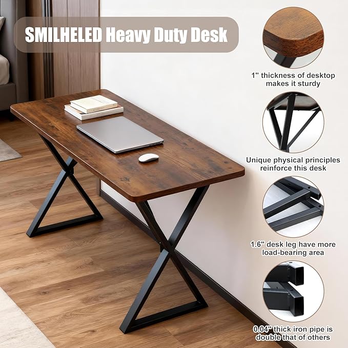 SMILHELTD Heavy Duty Office Desk Industrial Grade Computer Desk with 1" Thick Desktop & 1 mm Reinforced Metal Frame Sturdy Workstation for Home Office Gaming Dorm 47.2" W x 23.7" D x 29" H