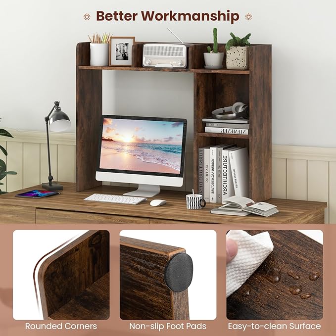 Desktop Bookshelf, 3-Tier Desk Hutch Shelf with 5 Display Rack for Computer Desk, Desk Organizer Shelves for Top of Desk, Dorm, Home, Office (Rustic Brown)