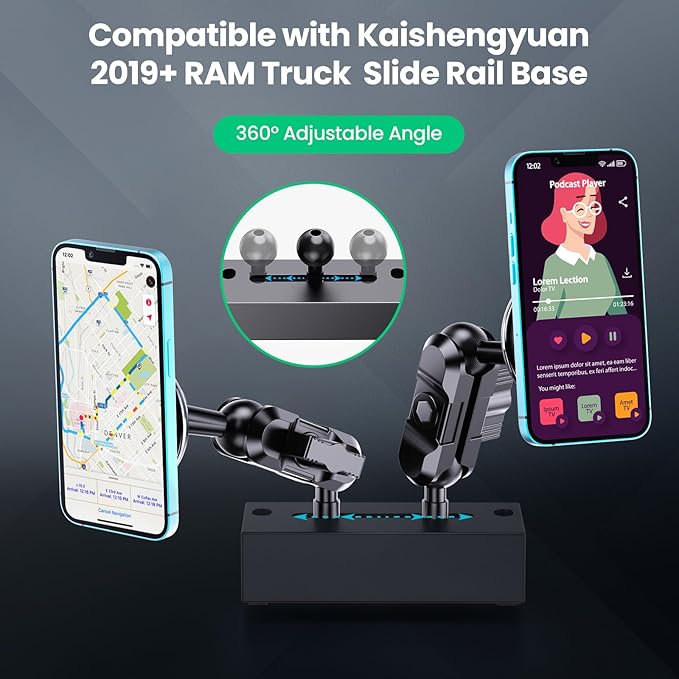 Kaishengyuan Dash Mount Wireless Charger Magnetic Holder with Metal Double Socket Arm & 360° Rotating Extension Mounting Arm & 0.98” Ballhead Compatible with All Smartphones