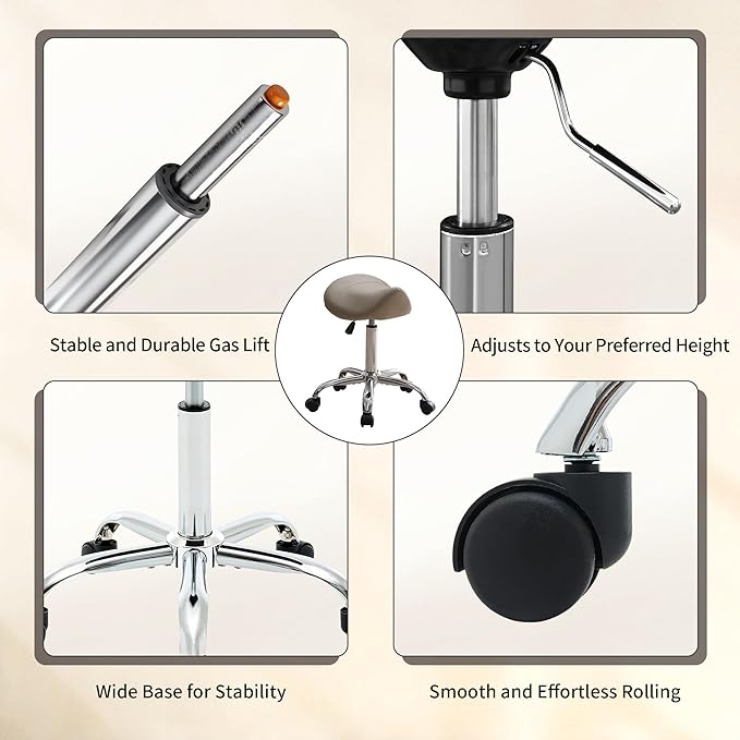 FIRAVOE Saddle Stool, Swivel Saddle Stool with Wheels, Adjustable Rolling Stool 18"-26", Faux Leather Rolling Stool for Salon, Massage, Clinic, Lab, Office (Light Grey, 1PCS (18"-26"))