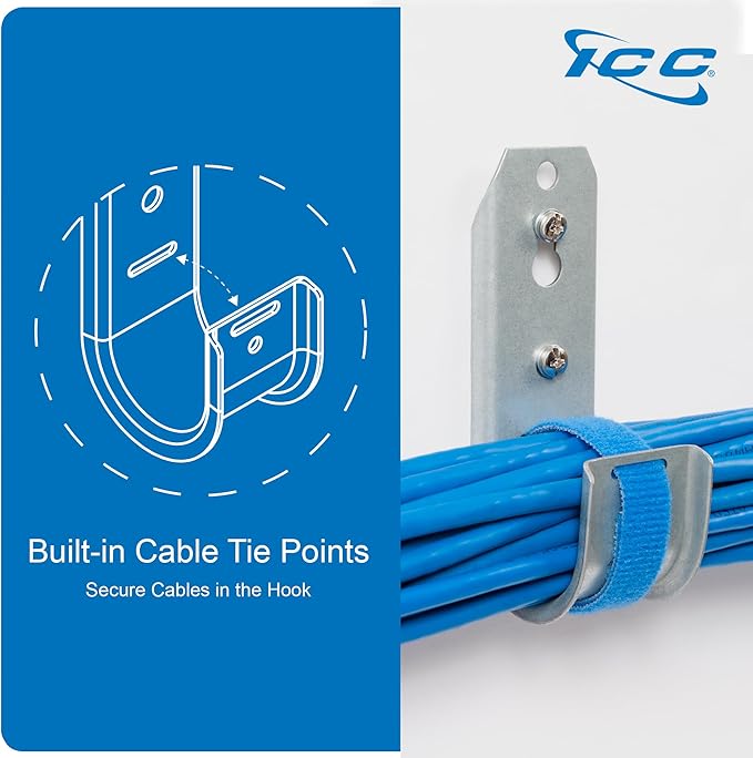 ICC 2” Wall Mount J - Hook with Retainer Clip for Structured Cabling - Galvanized Steel Cable Management Hooks, Available in Multiple Sizes - Rust-Resistant, TIA/EIA Compliant- 25-Pack