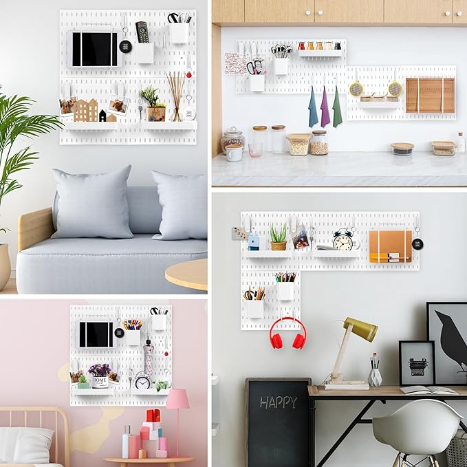 Peg Board, Pegboard Combination kit, 4 Pegboards and 12 Accessories Modular Hanging for Wall Organizer,Suitable for Wall Storage,Crafts Organization,Decorative Display,11''x11'' Each