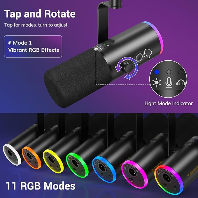 TONOR Dynamic Gaming Microphone, XLR/USB Mic Streaming, AI Noise Cancellation, Controlable RGB, Tap Mute, 3.5mm Headphone Jack, Volume Control, Microfono with Desktop Stand, Black, TD510 AIR S